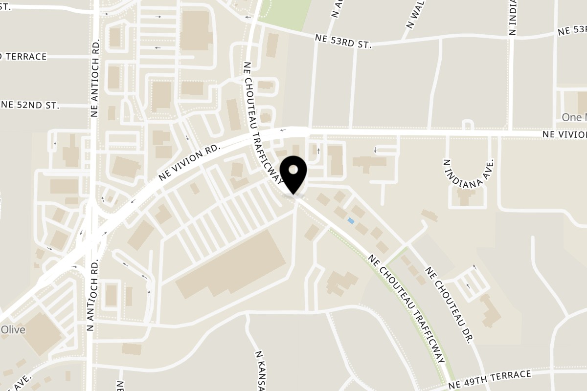 Map showing the location of Macarena's Mexican Food on 5171 NE Chouteau Trafficway in Kansas City